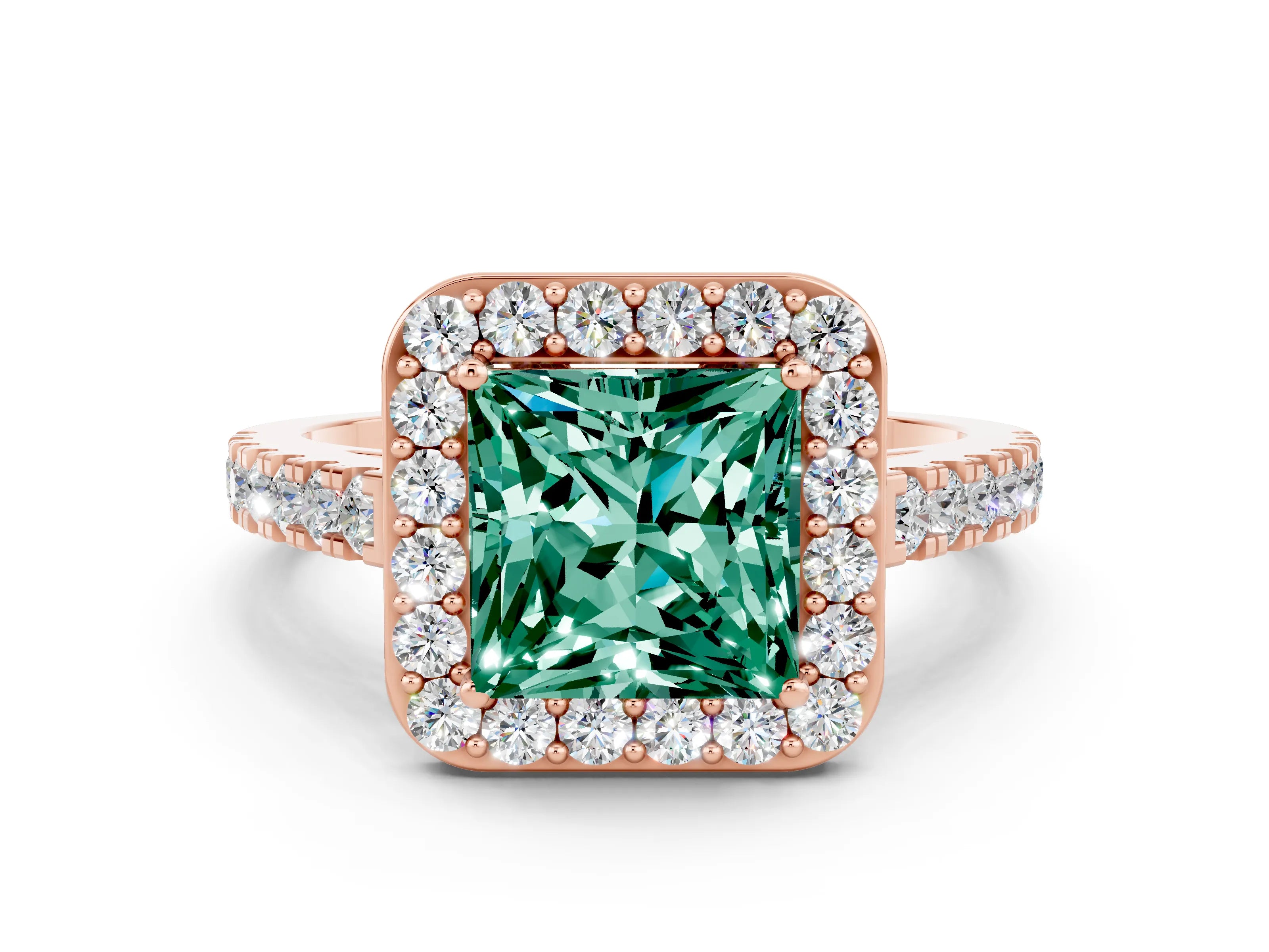 Rose gold Princess Cut Halo Diamond Ring with Pavé Band and Three-Prong Setting