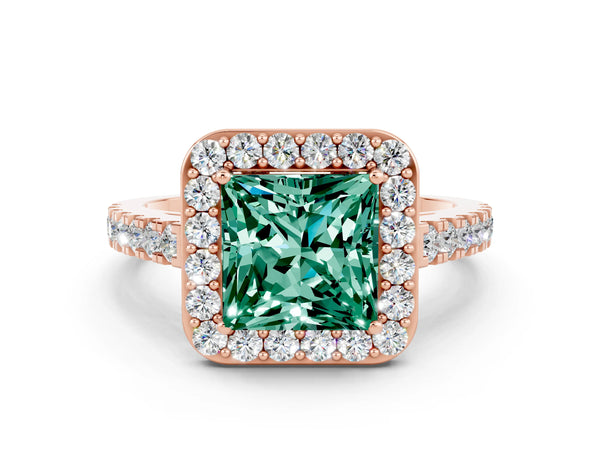 Rose gold Princess Cut Green Sapphire Halo Ring with Round Pavé Split Shank and Prong Setting