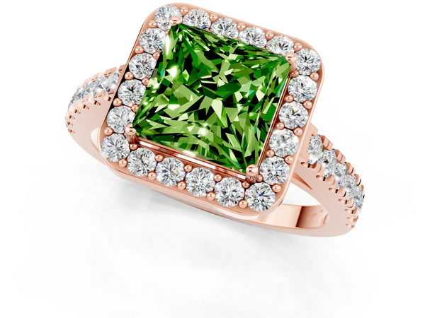 Rose gold Princess Cut Halo Diamond Ring with Pavé Band and Three-Prong Setting