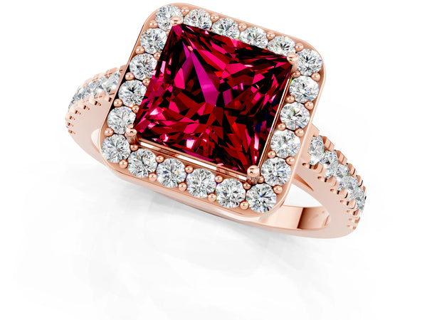 Rose gold Princess Cut Garnet Halo Ring with Round Pavé Split Shank and Prong Setting