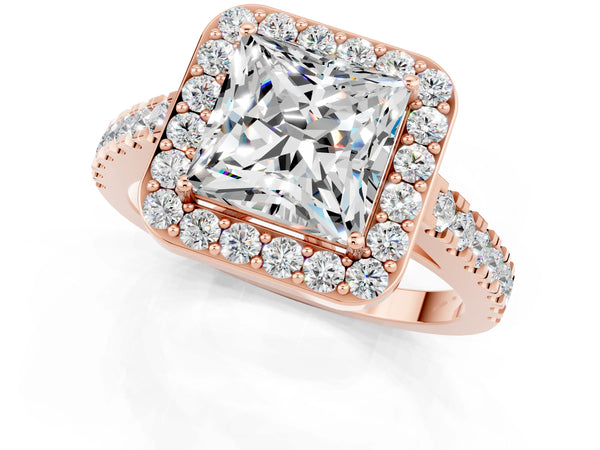 Rose gold Princess Cut Moissanite Halo Ring with Round Pavé Split Shank and Prong Setting