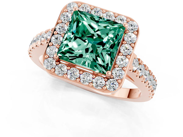 Rose gold Princess Cut Green Sapphire Halo Ring with Round Pavé Split Shank and Prong Setting