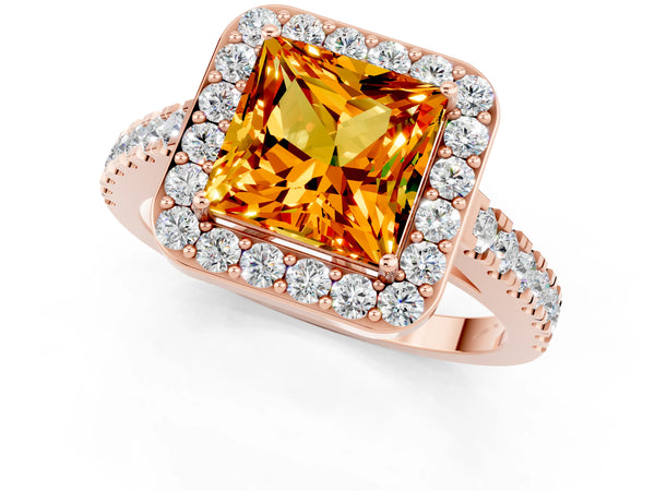 Rose gold Princess Cut Citrine Halo Ring with Round Pavé Split Shank and Prong Setting