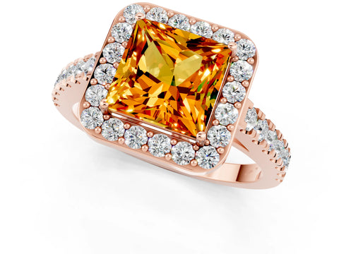 Rose gold Princess Cut Halo Diamond Ring with Pavé Band and Three-Prong Setting_1
