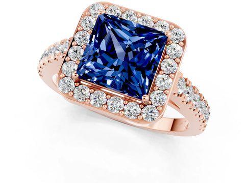 Rose gold Princess Cut Halo Diamond Ring with Pavé Band and Three-Prong Setting_1