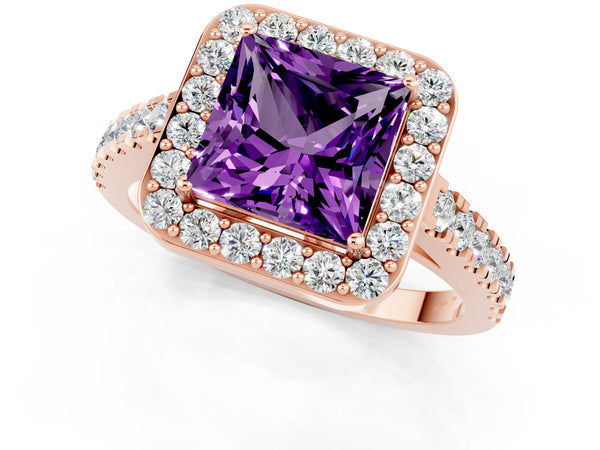 Rose gold Princess Cut Amethyst Halo Ring with Round Pavé Split Shank and Prong Setting