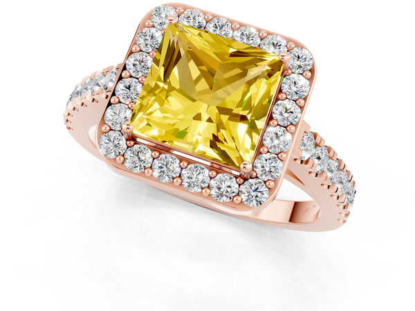 Rose gold Princess Cut Yellow Sapphire Halo Ring with Round Pavé Split Shank and Prong Setting