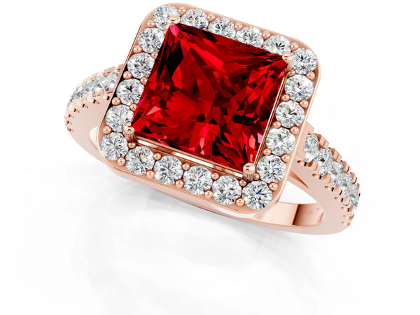 Rose gold Princess Cut Ruby Halo Ring with Round Pavé Split Shank and Prong Setting