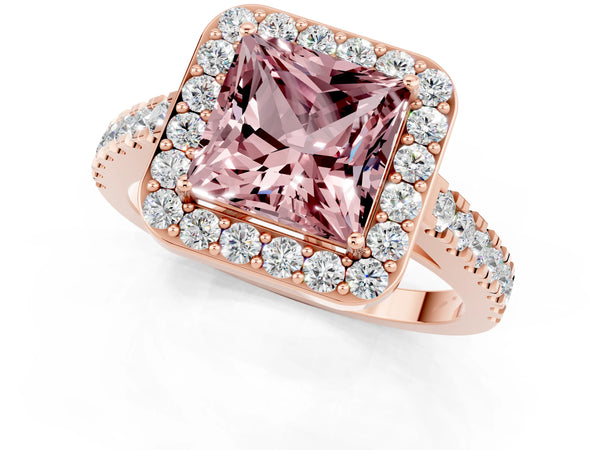 Rose gold Princess Cut Halo Diamond Ring with Pavé Band and Three-Prong Setting
