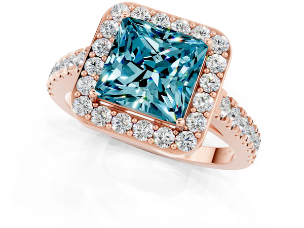 Rose gold Princess Cut Halo Diamond Ring with Pavé Band and Three-Prong Setting