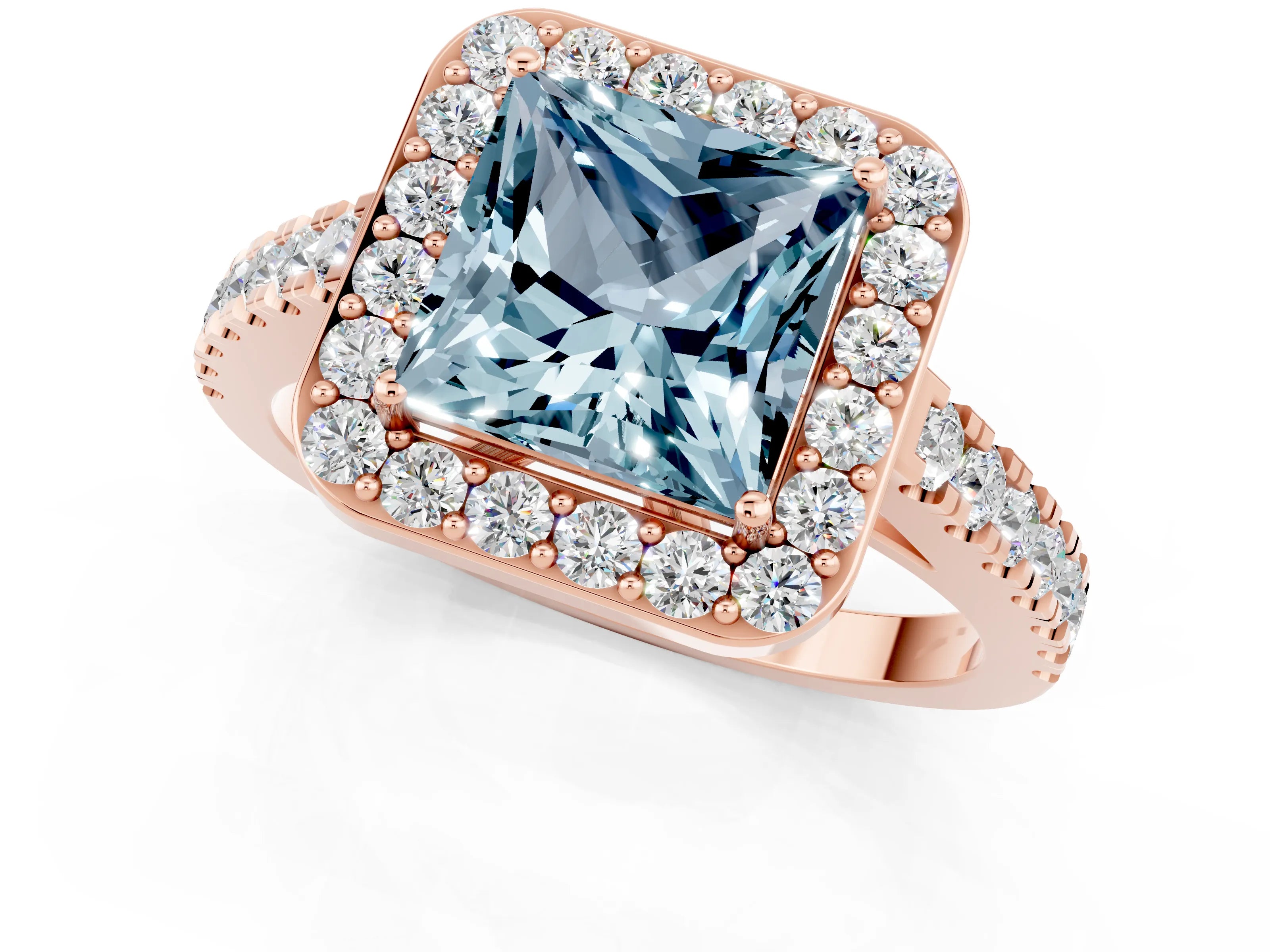 Rose gold Princess Cut Halo Diamond Ring with Pavé Band and Three-Prong Setting_1
