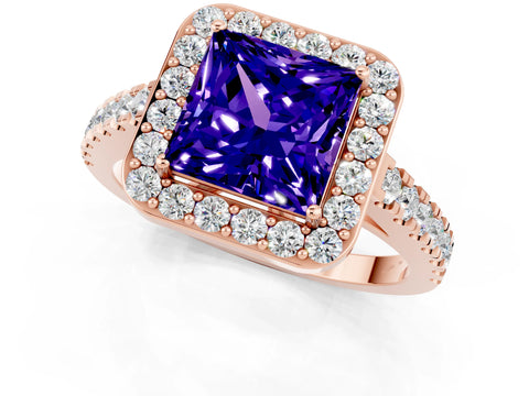 Rose gold Princess Cut Halo Diamond Ring with Pavé Band and Three-Prong Setting_1