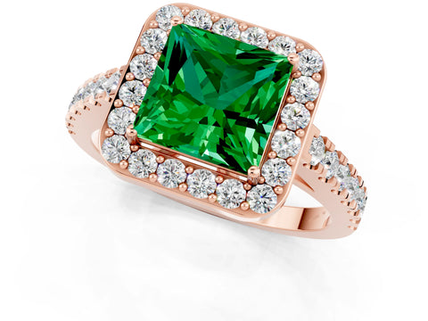 Rose gold Princess Cut Halo Diamond Ring with Pavé Band and Three-Prong Setting_1