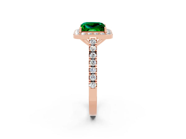 Rose gold Princess Cut Emerald Halo Ring with Round Pavé Split Shank and Prong Setting