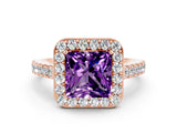 Rose gold Princess Cut Halo Diamond Ring with Pavé Band and Three-Prong Setting