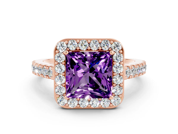 Rose gold Princess Cut Amethyst Halo Ring with Round Pavé Split Shank and Prong Setting
