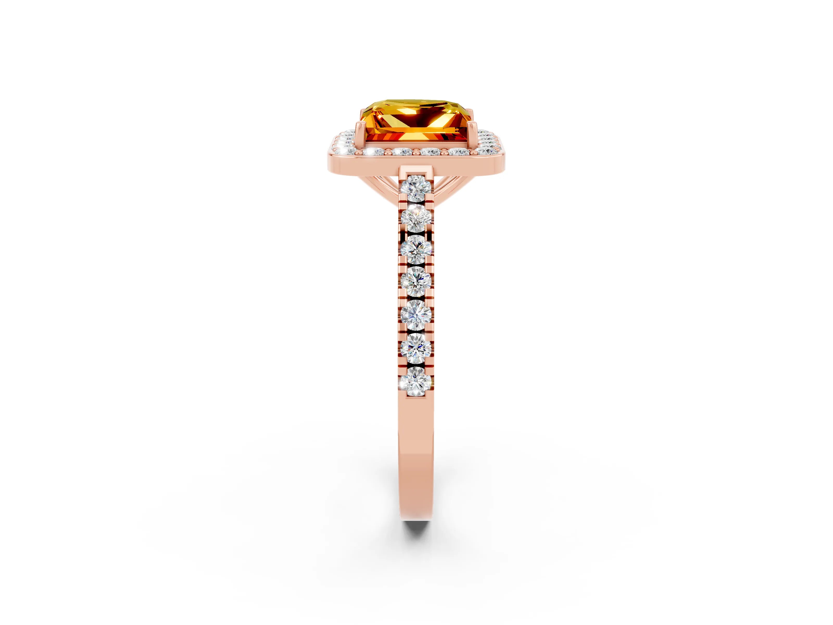 Rose gold Princess Cut Halo Diamond Ring with Pavé Band and Three-Prong Setting_2
