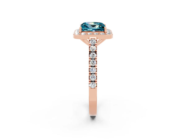 Rose gold Princess Cut Halo Diamond Ring with Pavé Band and Three-Prong Setting