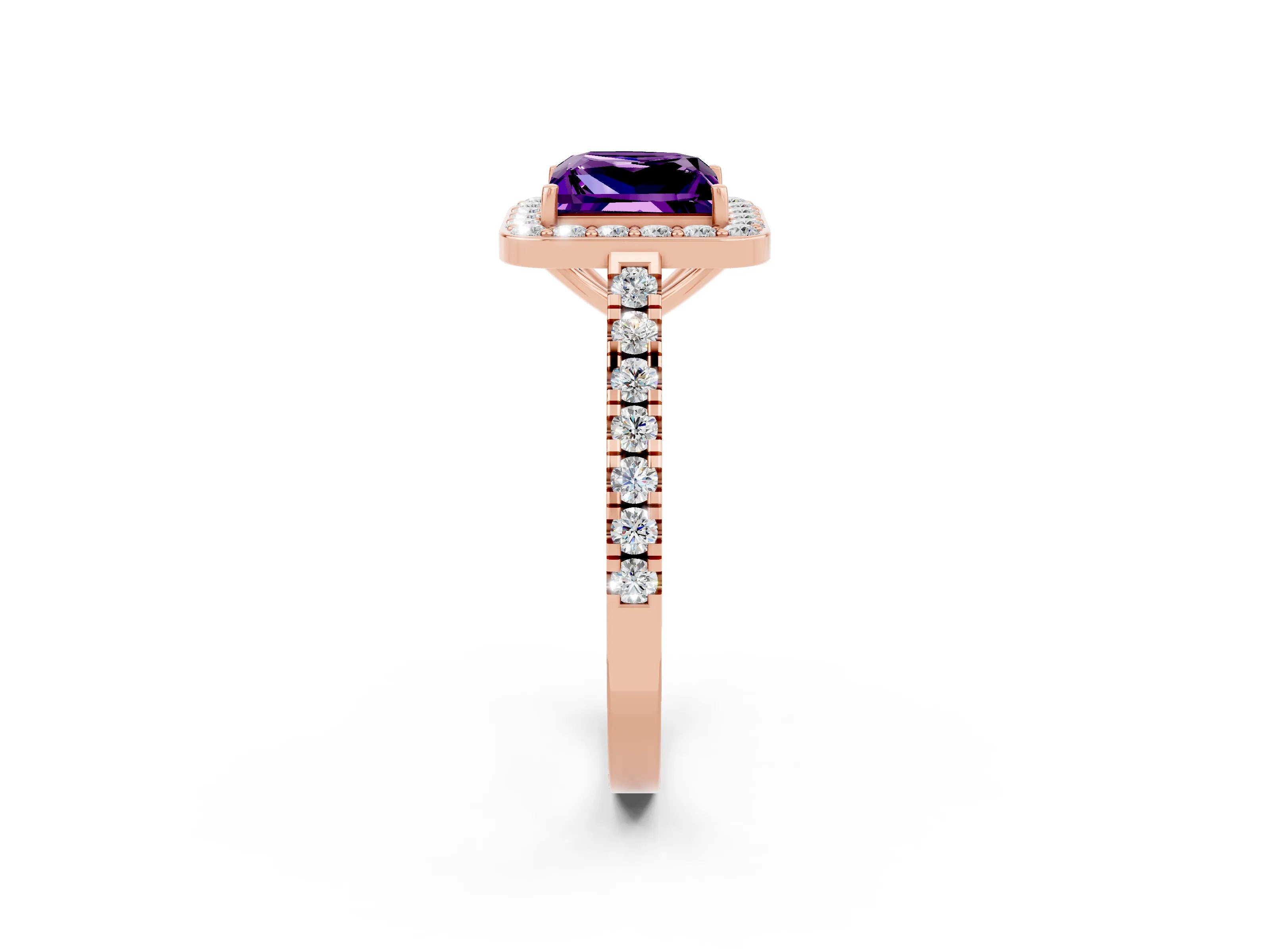 Rose gold Princess Cut Halo Diamond Ring with Pavé Band and Three-Prong Setting_2