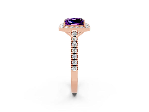 Rose gold Princess Cut Amethyst Halo Ring with Round Pavé Split Shank and Prong Setting