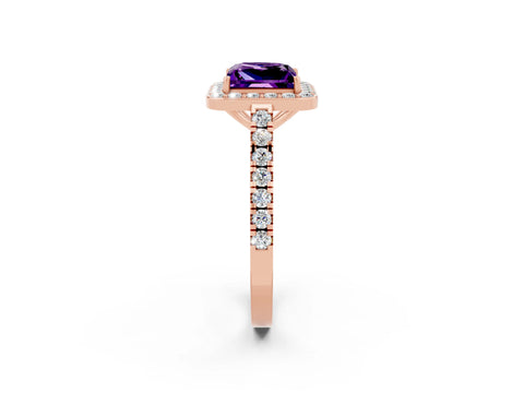 Rose gold Princess Cut Halo Diamond Ring with Pavé Band and Three-Prong Setting_2