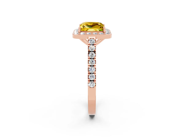 Rose gold Princess Cut Yellow Sapphire Halo Ring with Round Pavé Split Shank and Prong Setting