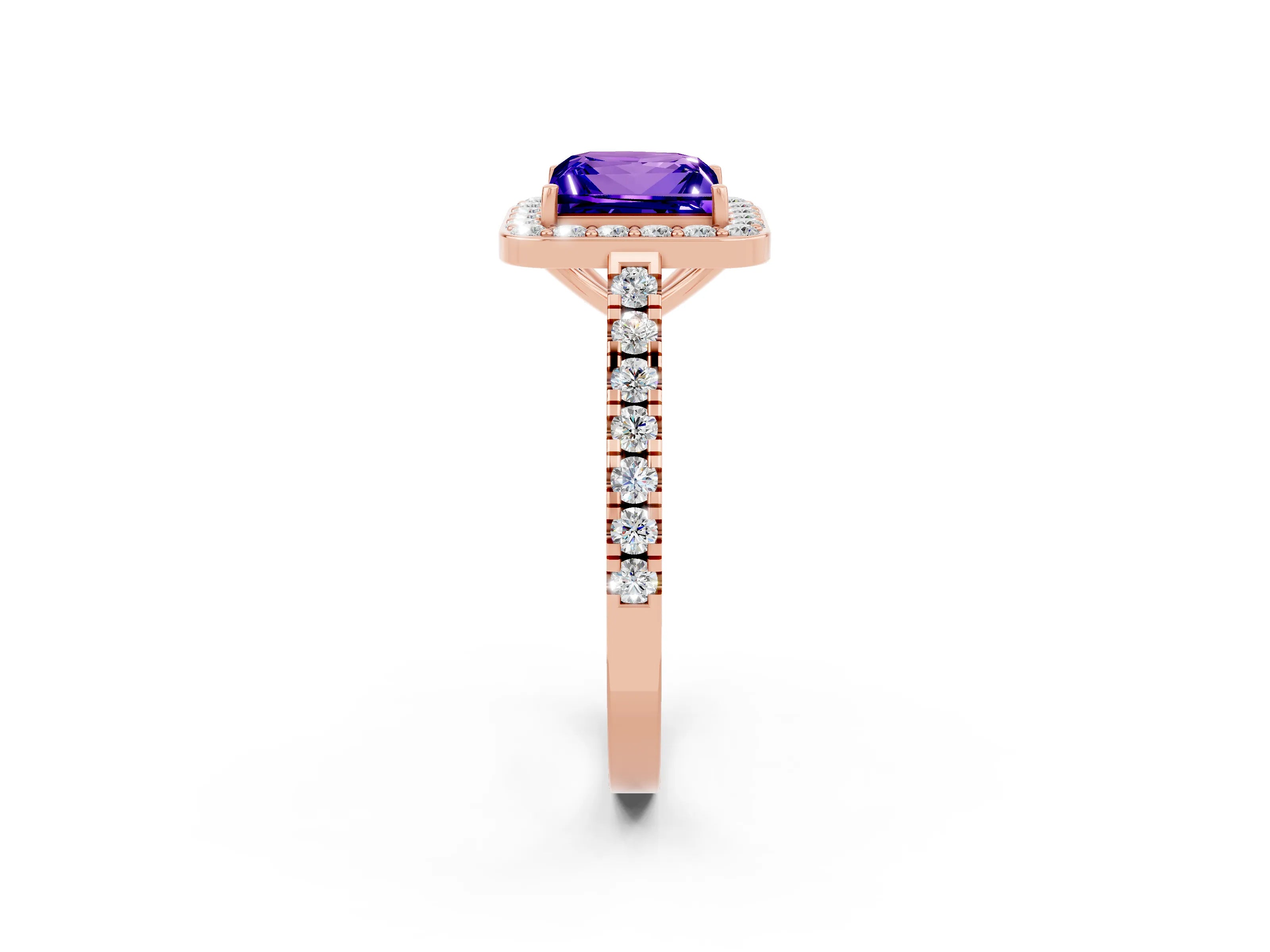 Rose gold Princess Cut Halo Diamond Ring with Pavé Band and Three-Prong Setting_2
