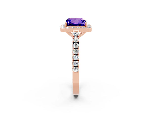 Rose gold Princess Cut Tanzanite Halo Ring with Round Pavé Split Shank and Prong Setting