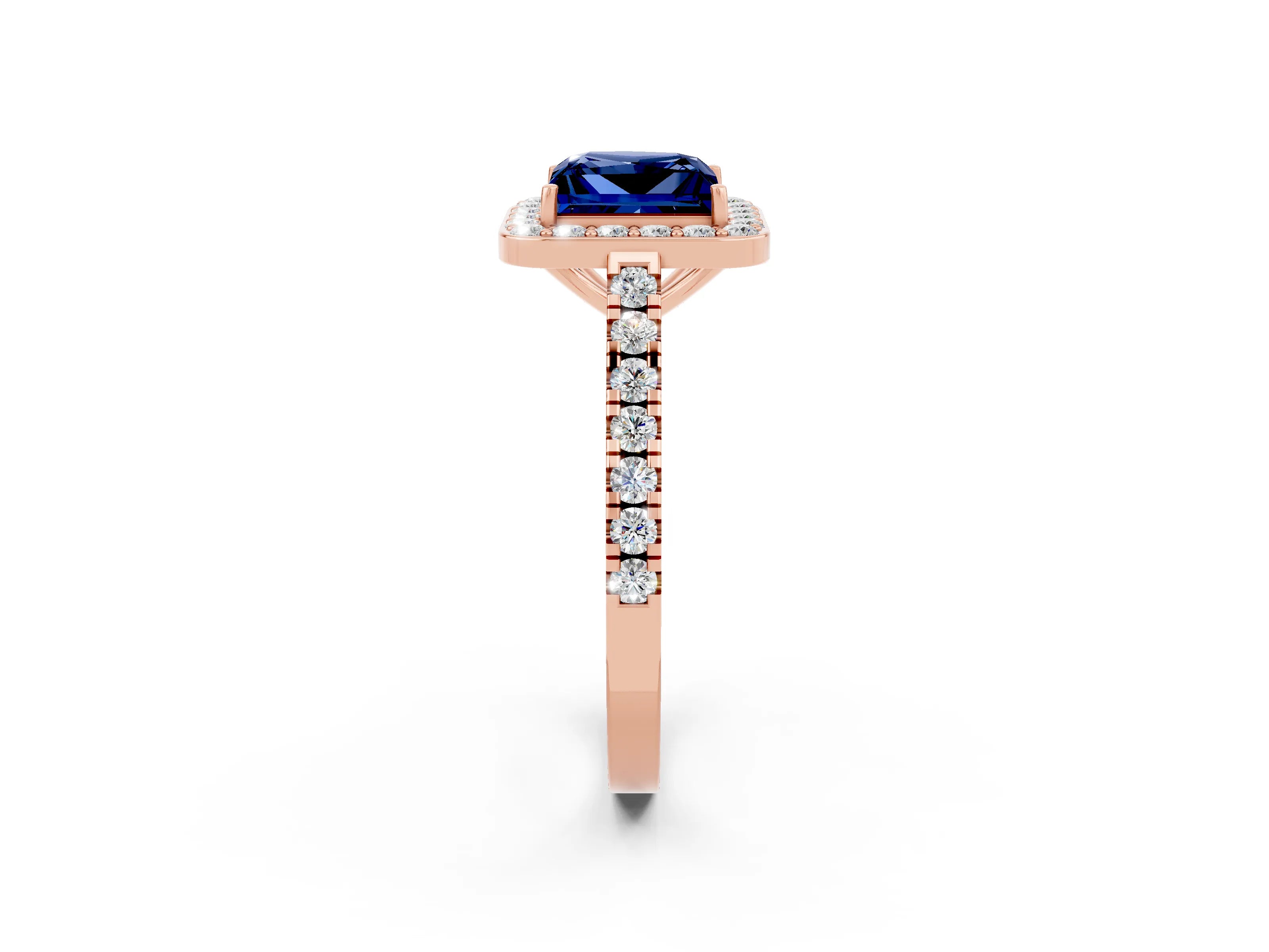 Rose gold Princess Cut Halo Diamond Ring with Pavé Band and Three-Prong Setting_2