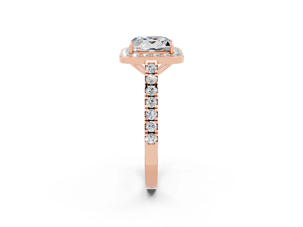 Rose gold Princess Cut Moissanite Halo Ring with Round Pavé Split Shank and Prong Setting