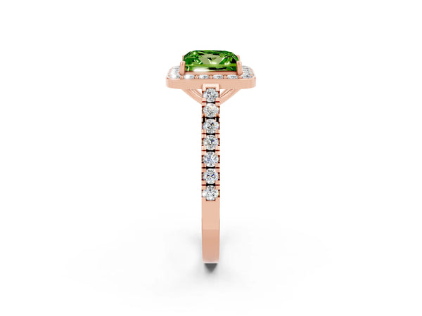 Rose gold Princess Cut Halo Diamond Ring with Pavé Band and Three-Prong Setting