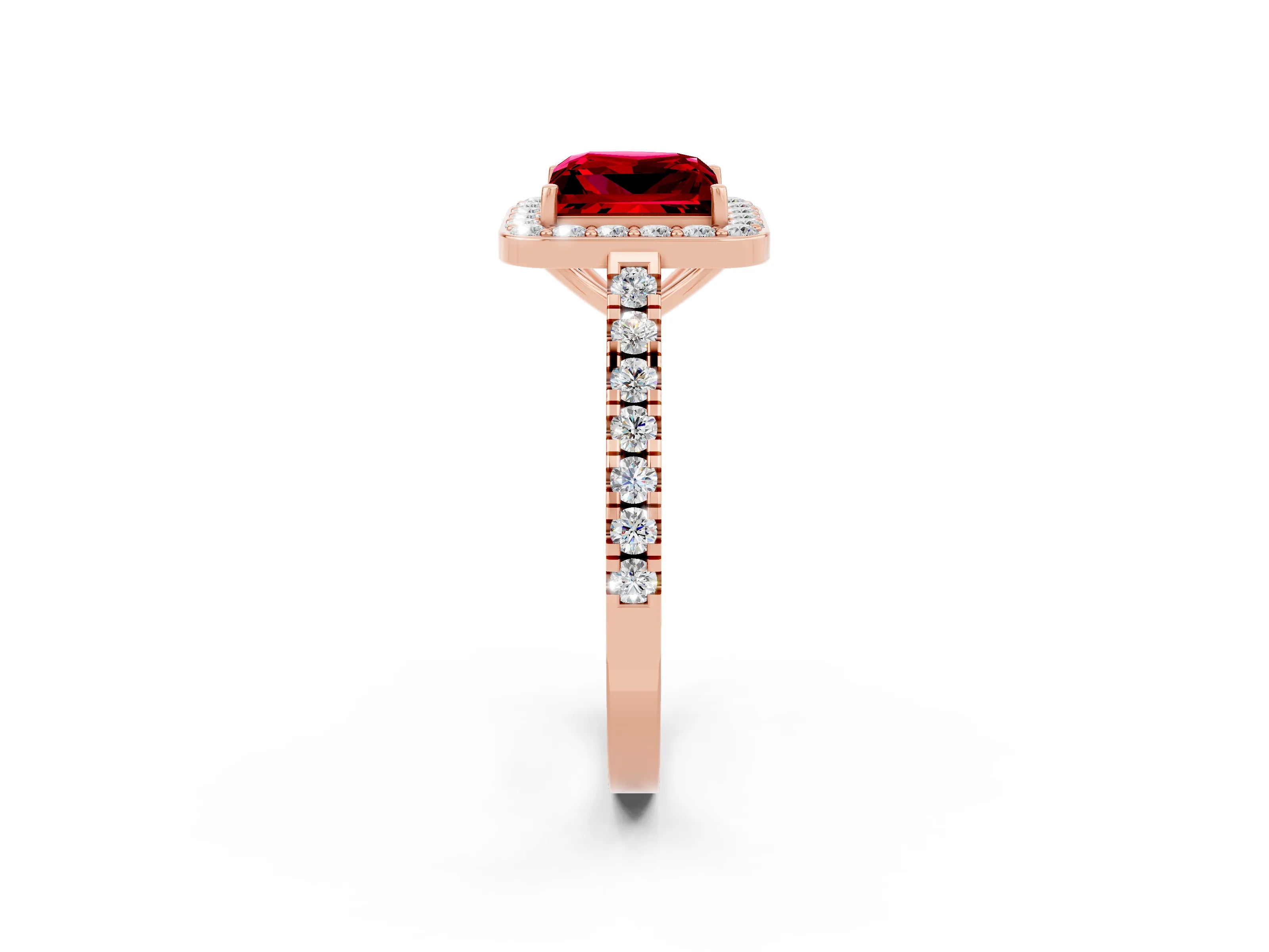 Rose gold Princess Cut Halo Diamond Ring with Pavé Band and Three-Prong Setting_2