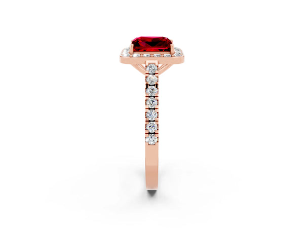 Rose gold Princess Cut Ruby Halo Ring with Round Pavé Split Shank and Prong Setting