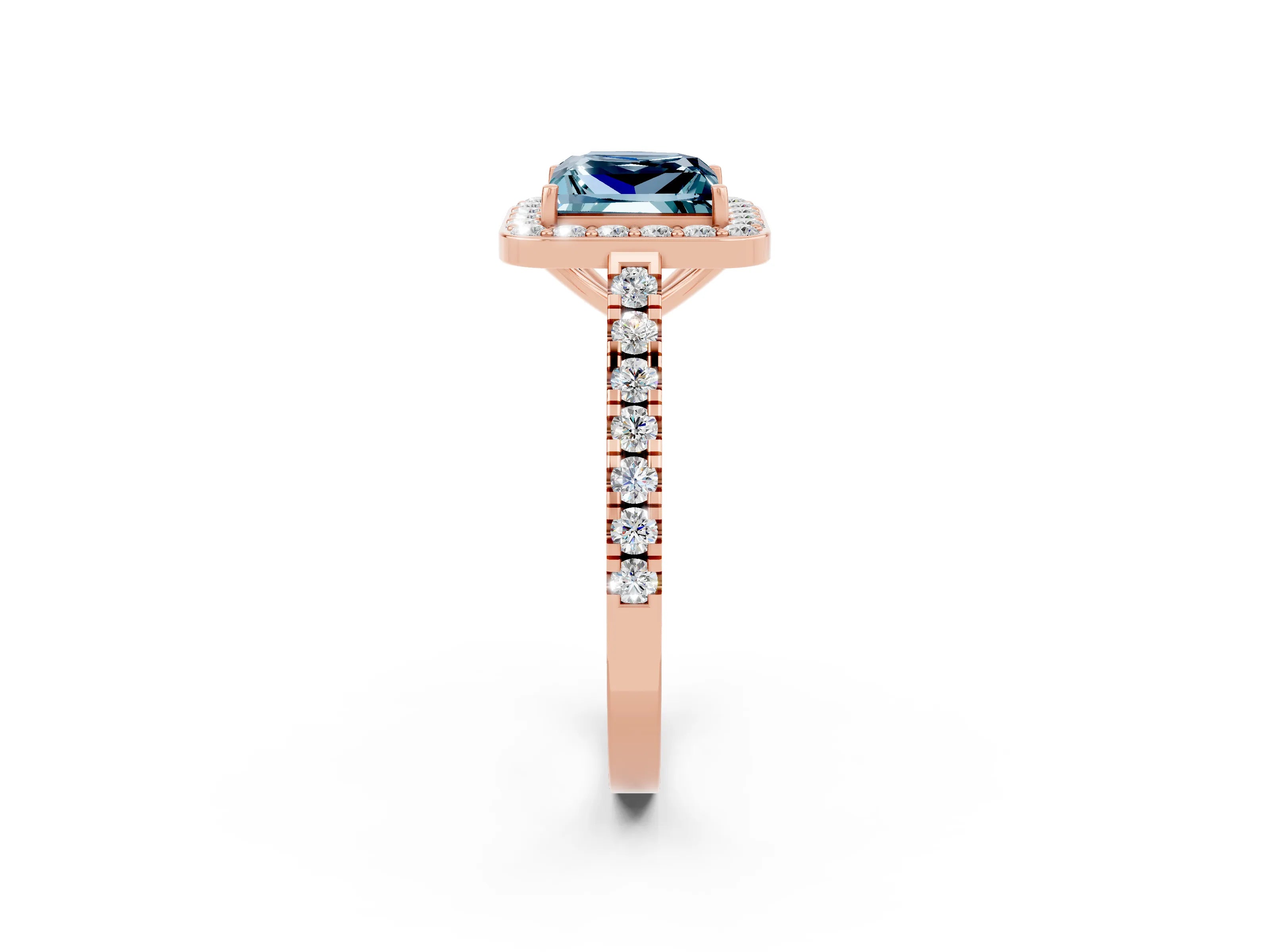 Rose gold Princess Cut Halo Diamond Ring with Pavé Band and Three-Prong Setting_2