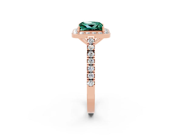 Rose gold Princess Cut Green Sapphire Halo Ring with Round Pavé Split Shank and Prong Setting