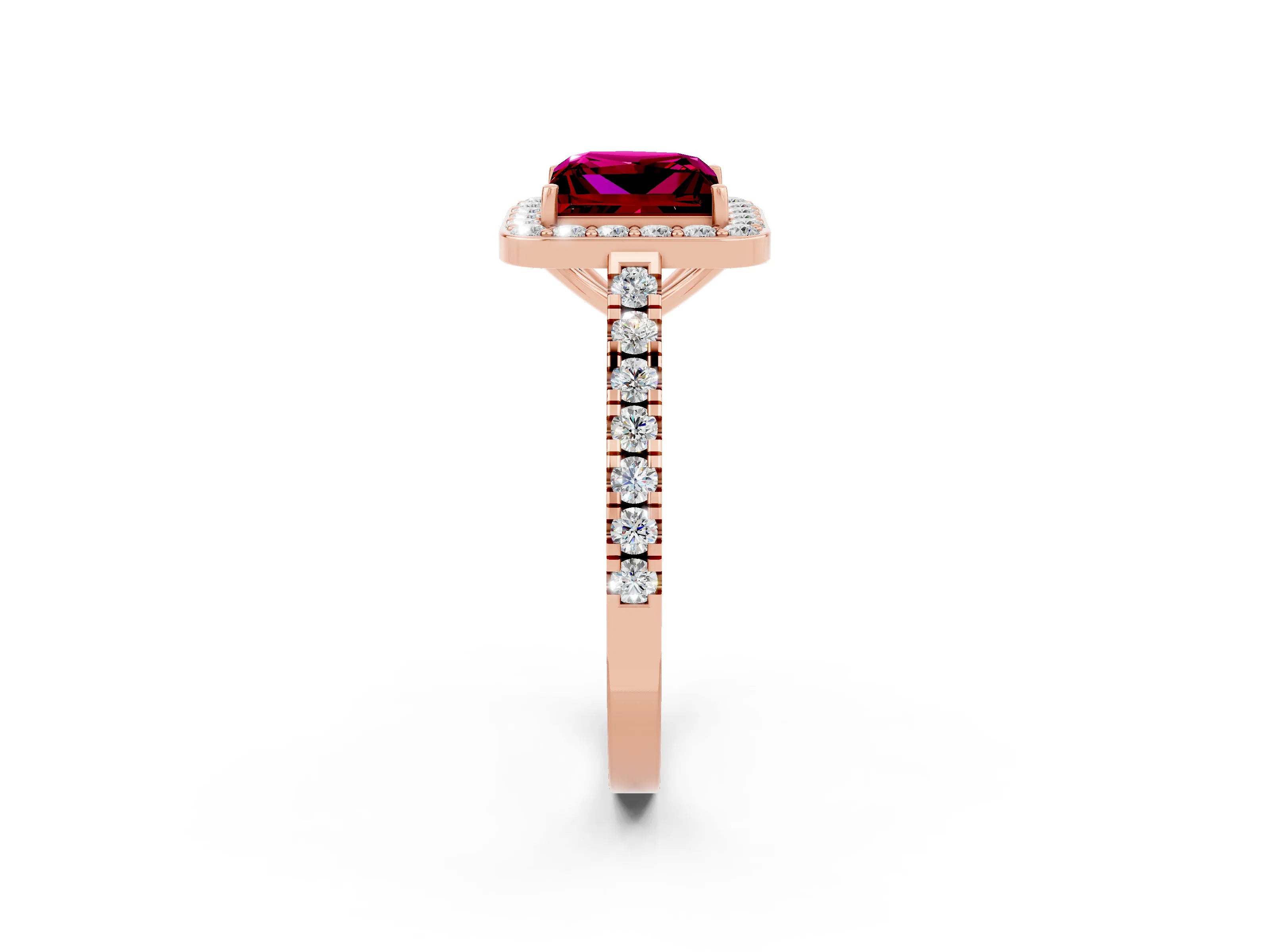 Rose gold Princess Cut Halo Diamond Ring with Pavé Band and Three-Prong Setting_2