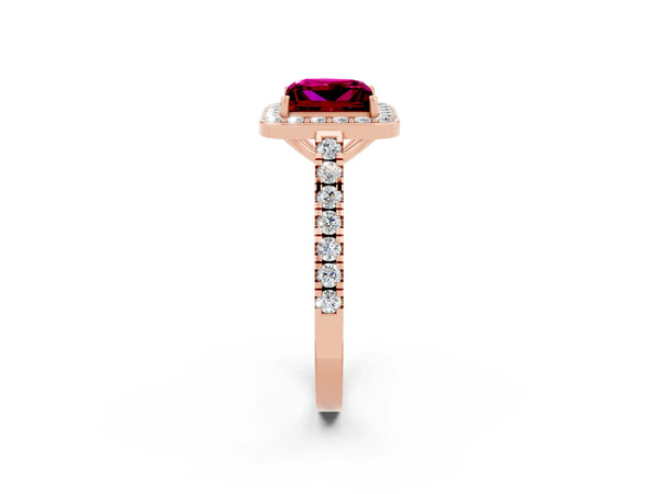 Rose gold Princess Cut Garnet Halo Ring with Round Pavé Split Shank and Prong Setting