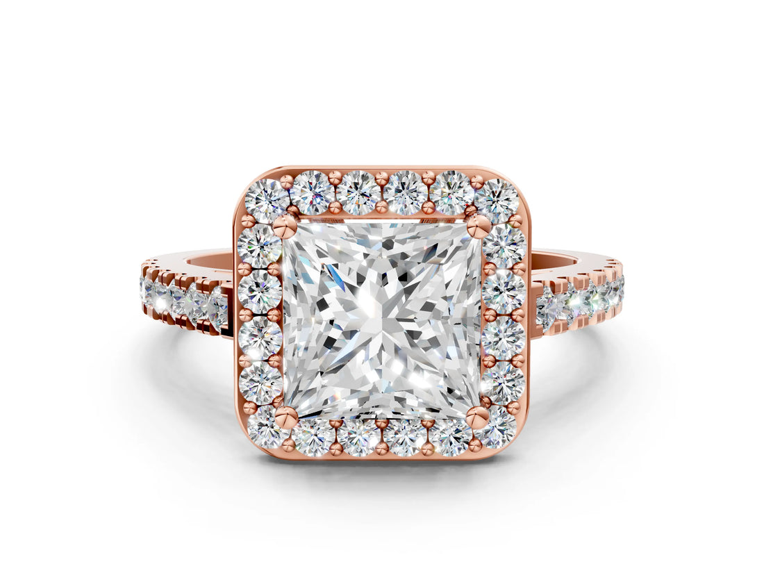 Rose gold Princess Cut Halo Diamond Ring with Pavé Band and Three-Prong Setting_3