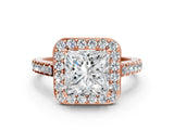 Rose gold Princess Cut Halo Diamond Ring with Pavé Band and Three-Prong Setting_3