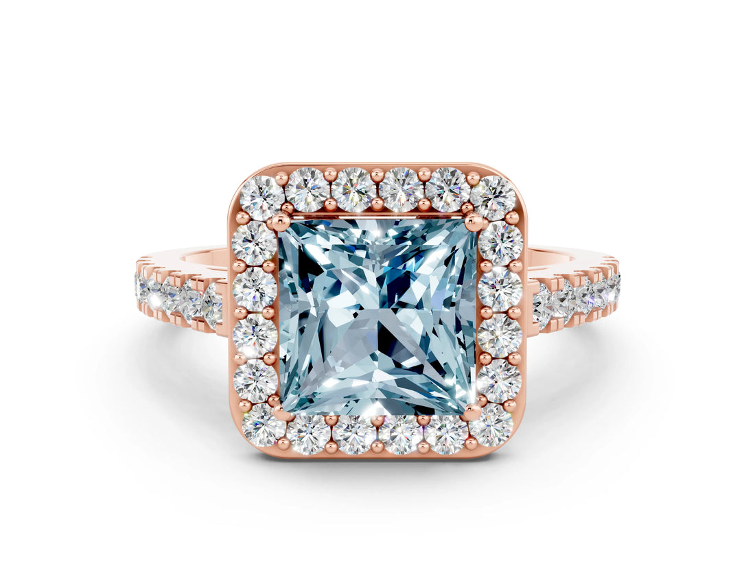Rose gold Princess Cut Halo Diamond Ring with Pavé Band and Three-Prong Setting