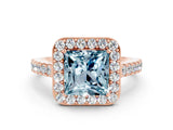 Rose gold Princess Cut Halo Diamond Ring with Pavé Band and Three-Prong Setting