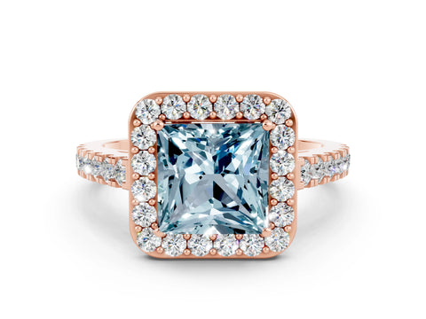 Rose gold Princess Cut Halo Diamond Ring with Pavé Band and Three-Prong Setting