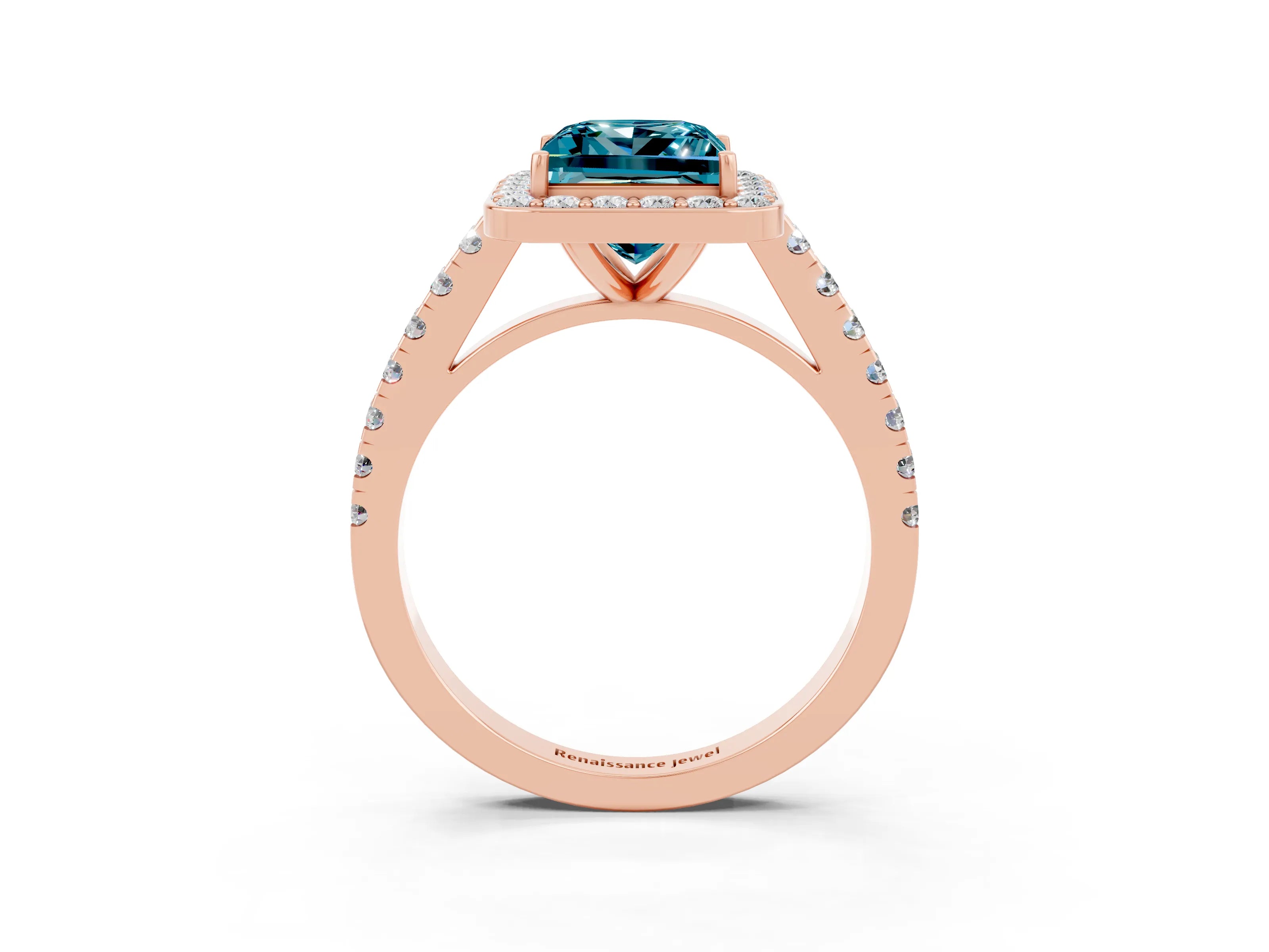 Rose gold Princess Cut Halo Diamond Ring with Pavé Band and Three-Prong Setting_3
