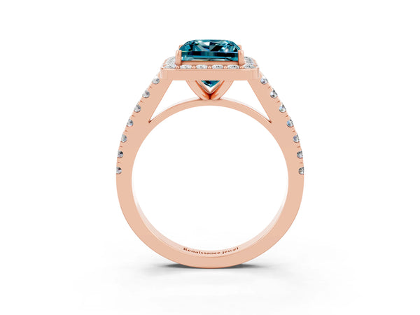 Rose gold Princess Cut Halo Diamond Ring with Pavé Band and Three-Prong Setting