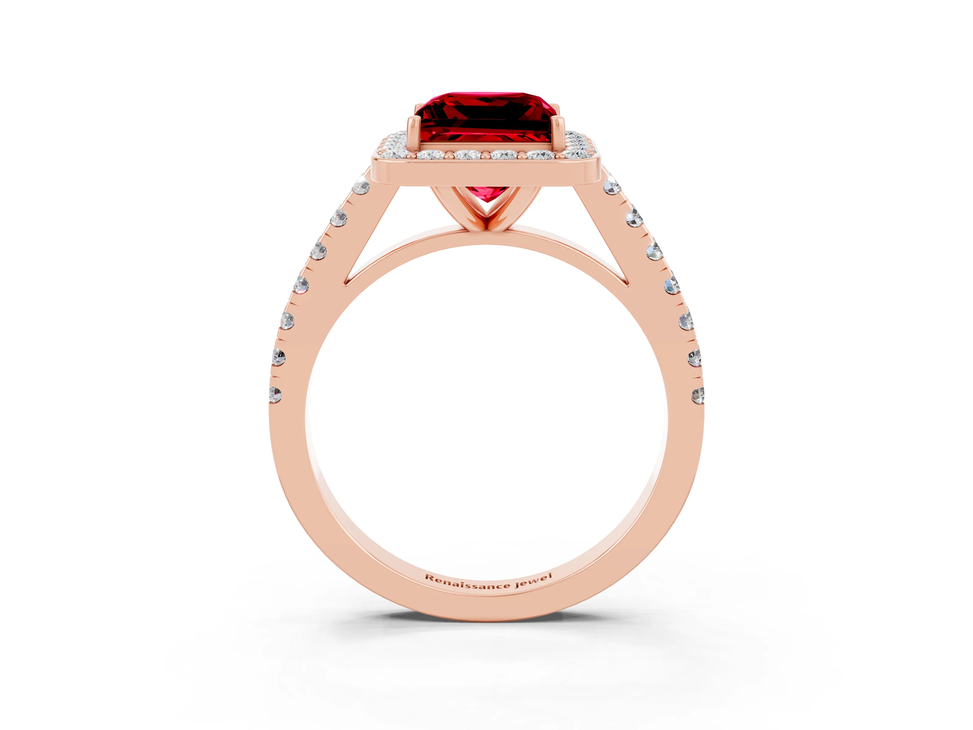 Rose gold Princess Cut Halo Diamond Ring with Pavé Band and Three-Prong Setting_3