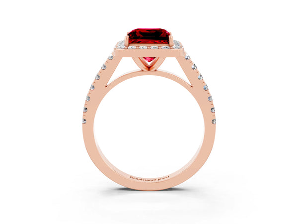 Rose gold Princess Cut Ruby Halo Ring with Round Pavé Split Shank and Prong Setting