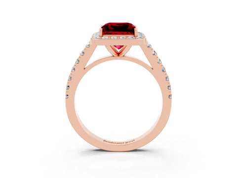 Rose gold Princess Cut Halo Diamond Ring with Pavé Band and Three-Prong Setting_3