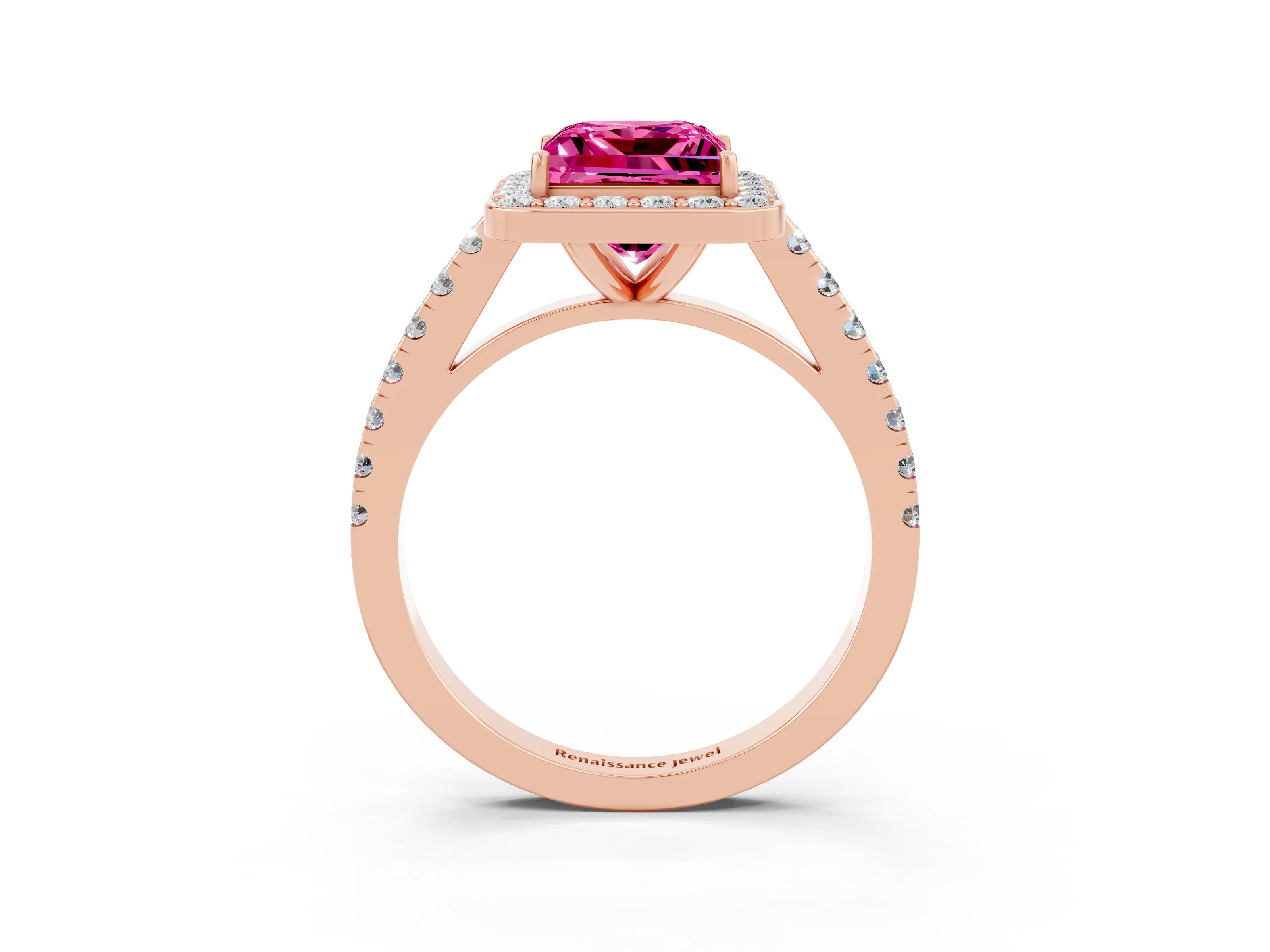 Rose gold Princess Cut Halo Diamond Ring with Pavé Band and Three-Prong Setting_3