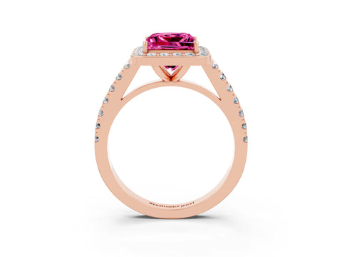 Rose gold Princess Cut Halo Diamond Ring with Pavé Band and Three-Prong Setting_3
