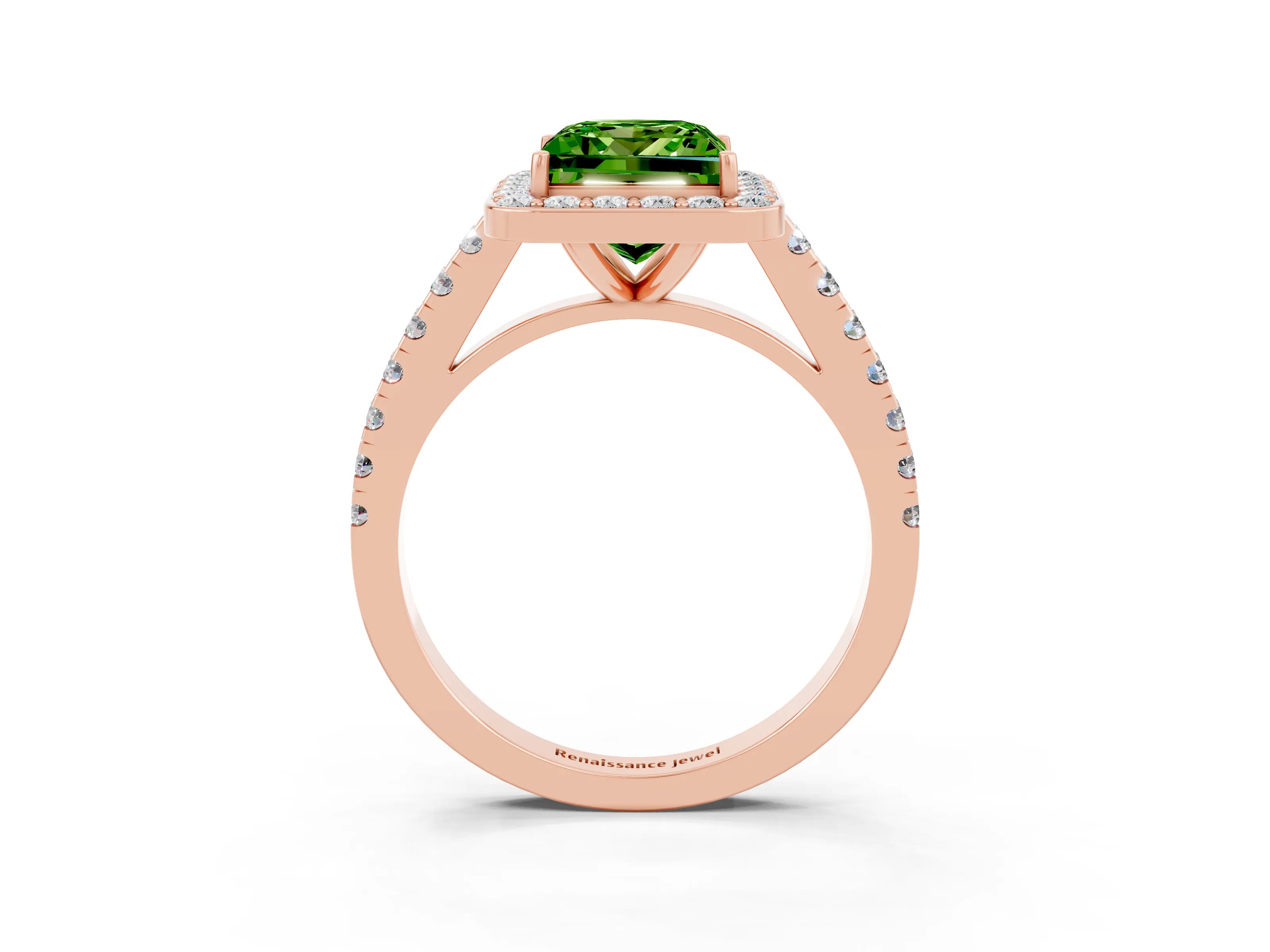Rose gold Princess Cut Halo Diamond Ring with Pavé Band and Three-Prong Setting_3